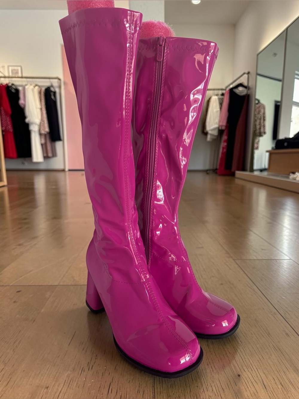 Ellie Hot Pink Patent Go Go Boots Platform Knee High Stretch Size 8